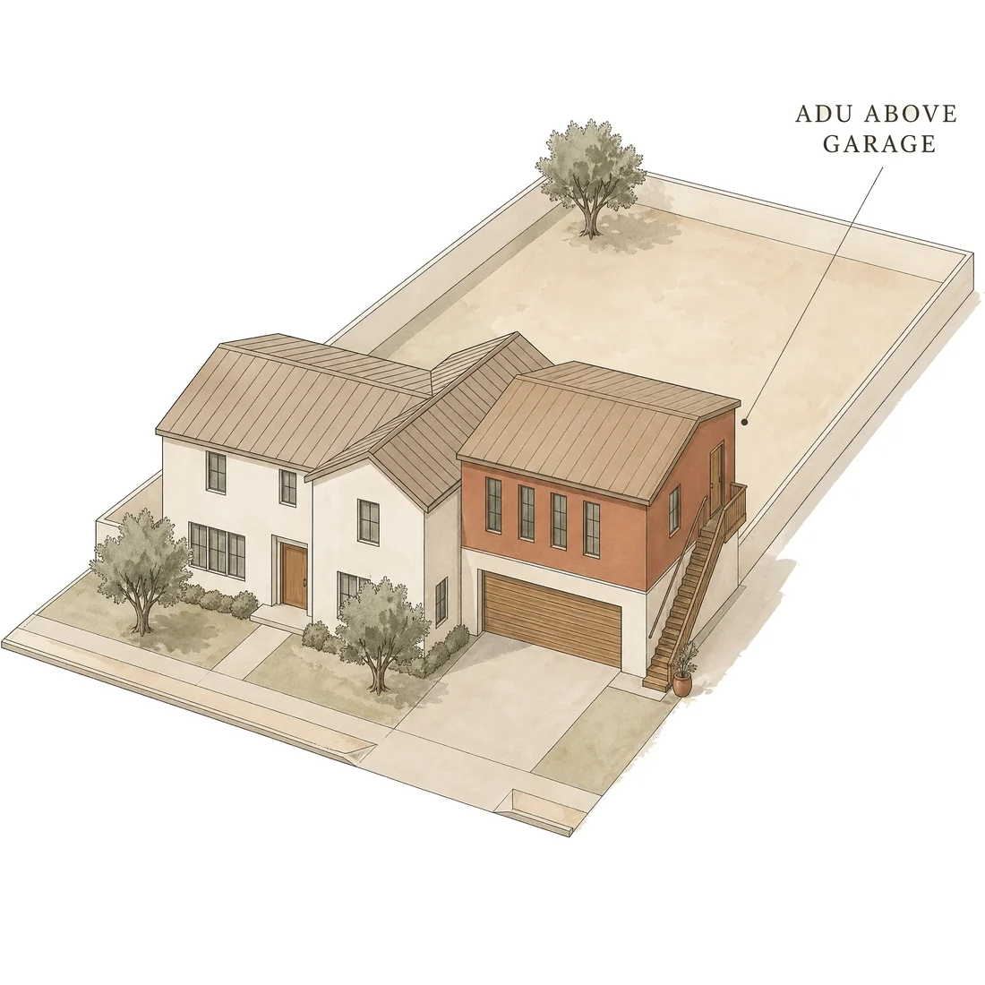 ADU Design-Build — watercolor illustration on an Orange County lot