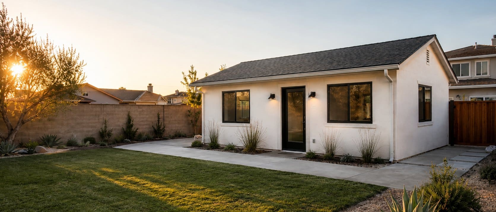 Finished modern ADU by L Square in an Orange County backyard at golden hour