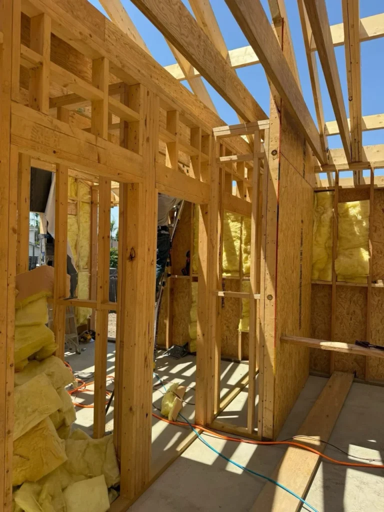 Interior wall framing and insulation stage for an ADU build