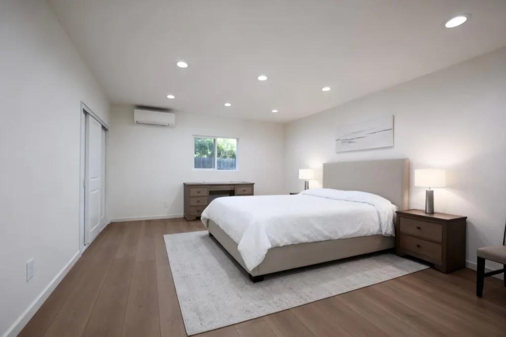 Finished ADU bedroom with recessed lighting and mini split
