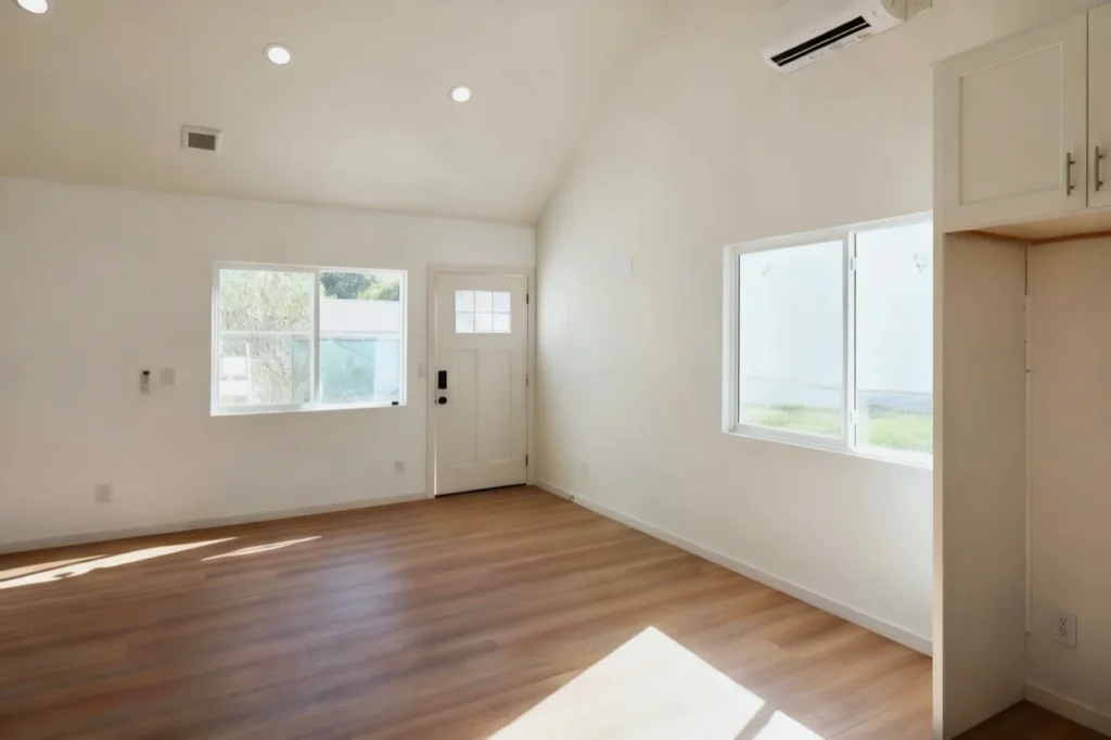 Bright finished ADU living area with windows and vaulted ceiling
