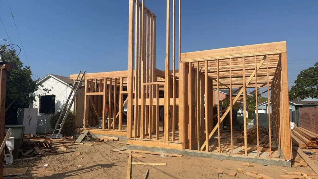 Detached ADU framing and construction access in a Southern California backyard