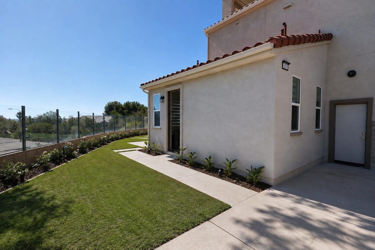 Finished ADU in Irvine, CA with stucco walls, tile roof and a private entrance reached by its own side-yard walkway