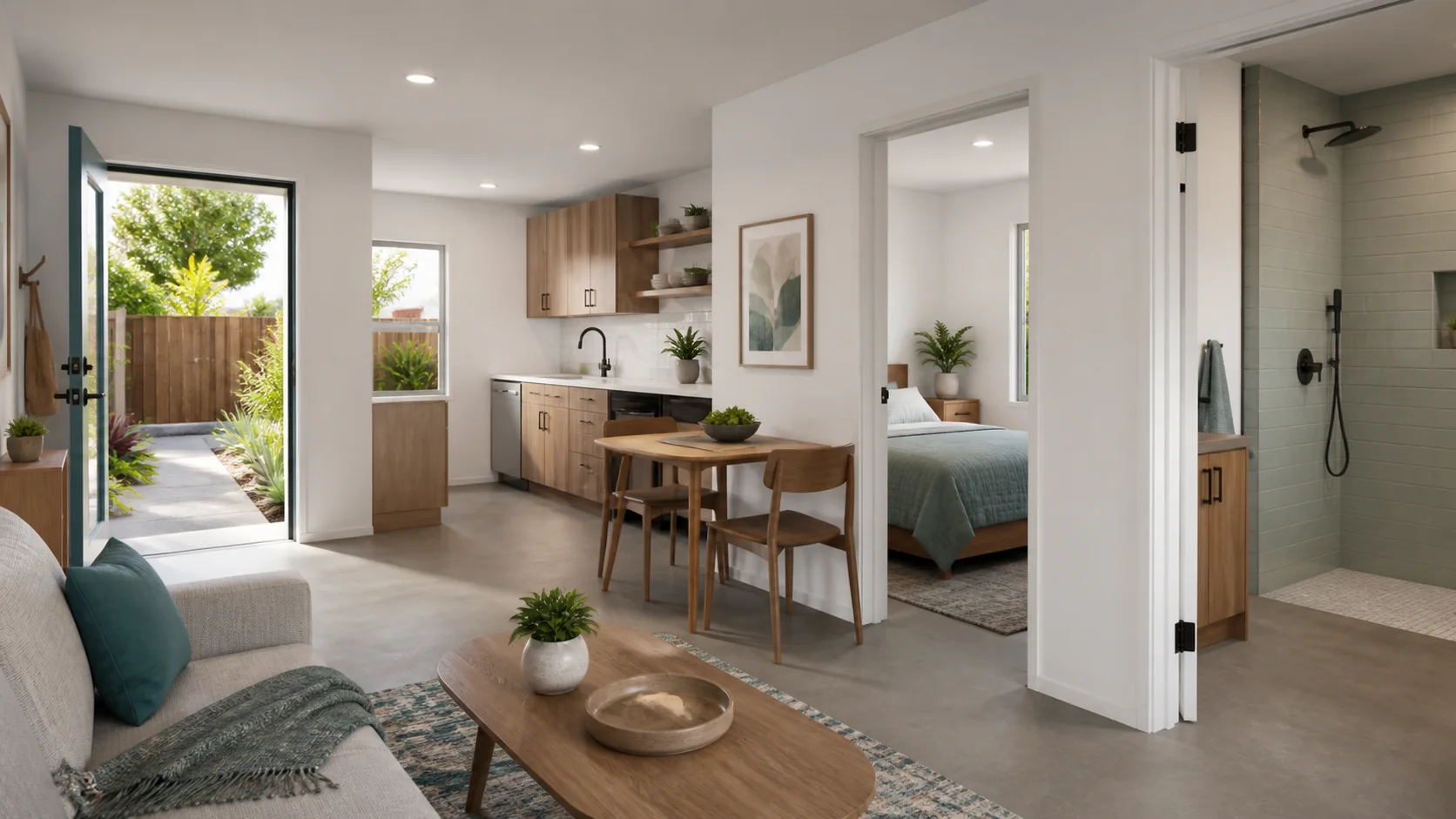Concept rendering — not a completed L Square project. Single-level ADU interior with open circulation, direct outdoor access, compact kitchen, bedroom, and step-free shower concept