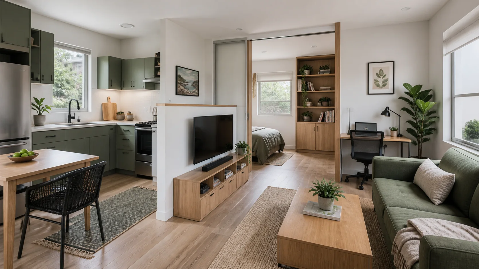 Concept rendering — not a completed L Square project. Compact one-bedroom ADU interior with an efficient kitchen, built-in storage, living area, and work desk