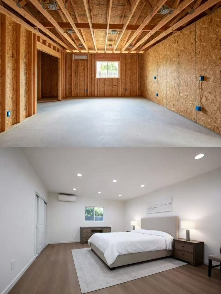 Bedroom of a Pasadena ADU shown as framing with exposed joists above and the finished bedroom with mini-split below