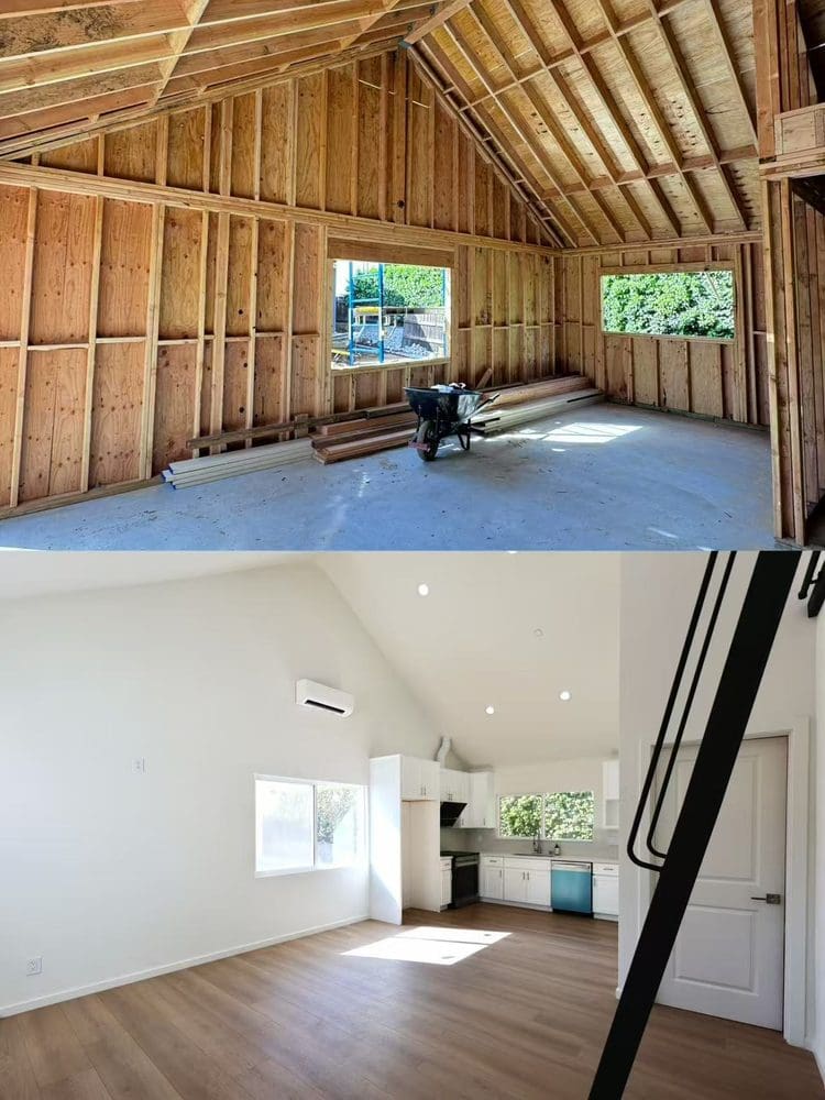 Great room of a Pasadena ADU shown as wood framing above and the finished vaulted living and kitchen area below