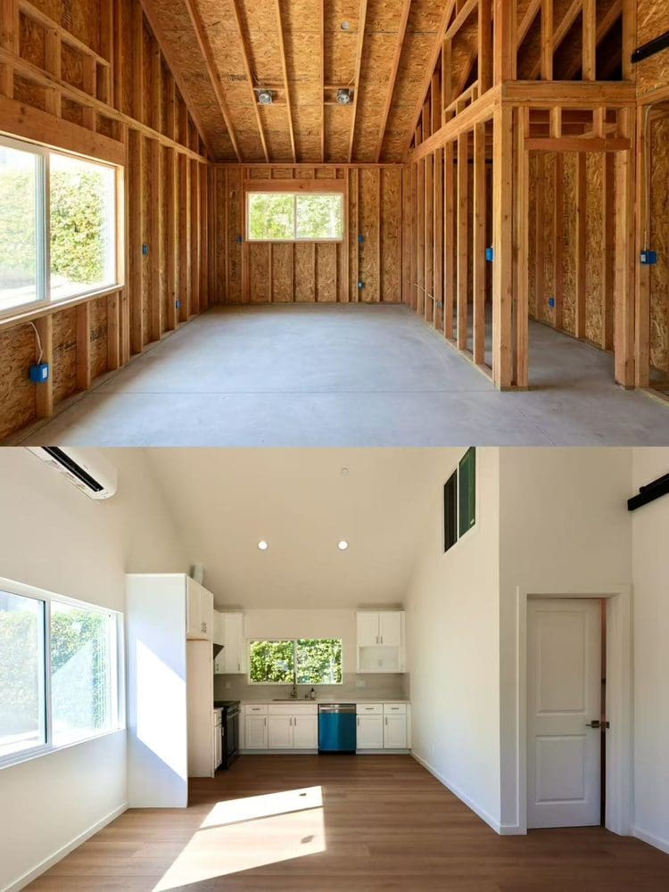 Kitchen of a Pasadena ADU shown as stud framing above and the finished white shaker kitchen with quartz counters below