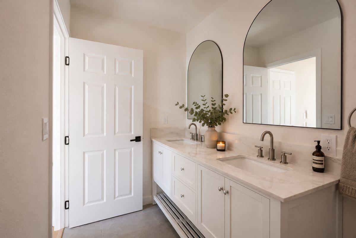 Bathroom of a Torrance ADU with a double vanity, quartz counter and arched black-framed mirrors
