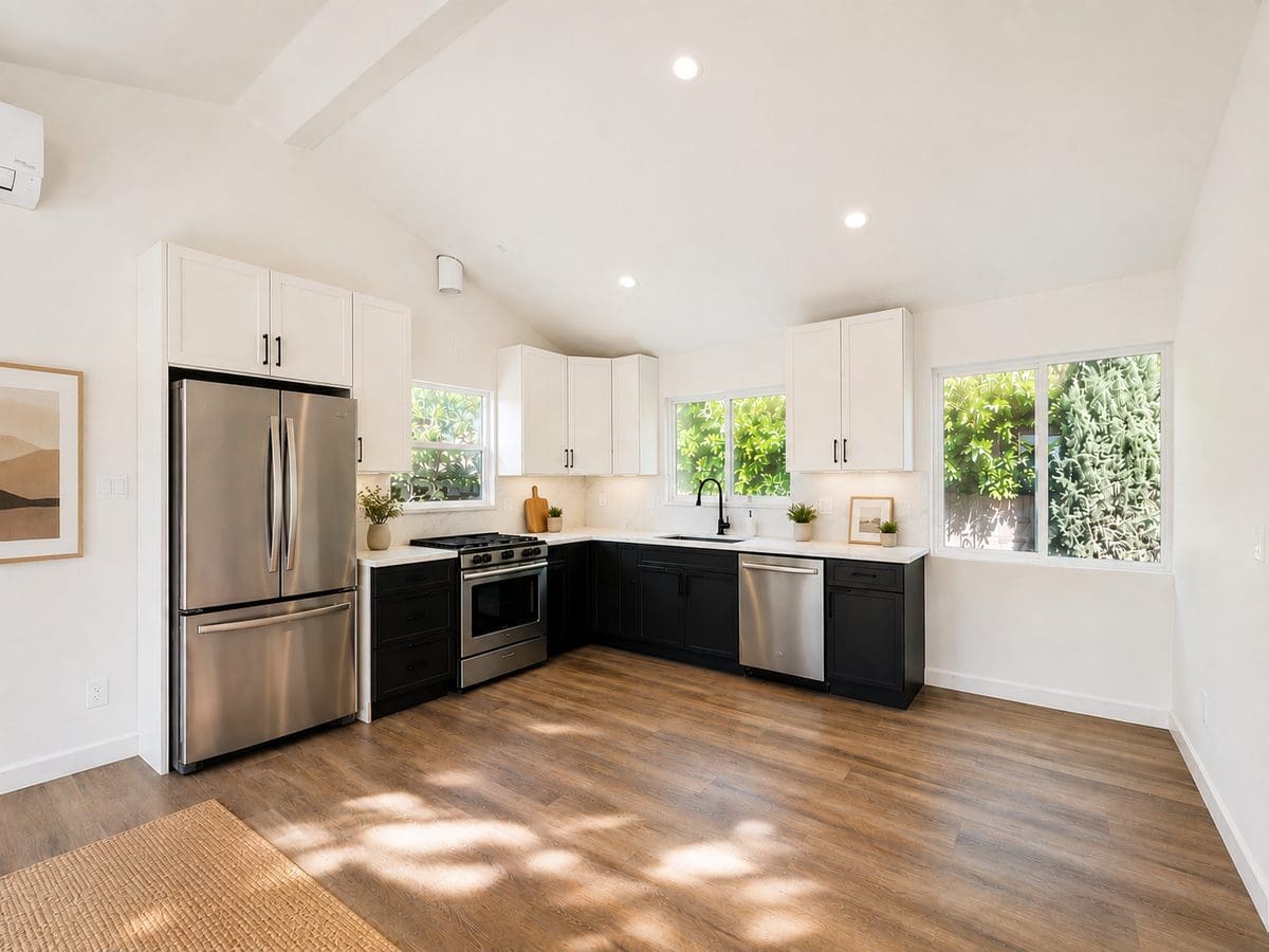 Kitchen of a Torrance ADU with vaulted ceiling, white upper cabinets, dark base cabinets, quartz counters and stainless appliances