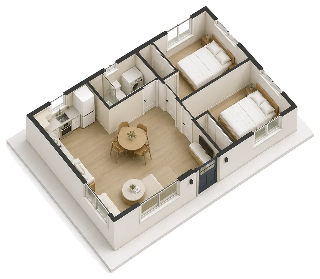 The Tustin floor plan — two-bedroom ADU